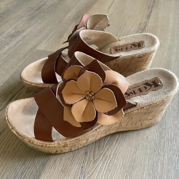Kork-Ease Shoes - Korks Rosette Cork Wedge Sandals Leather Flower Women's 8 Y2K Summer Brown!